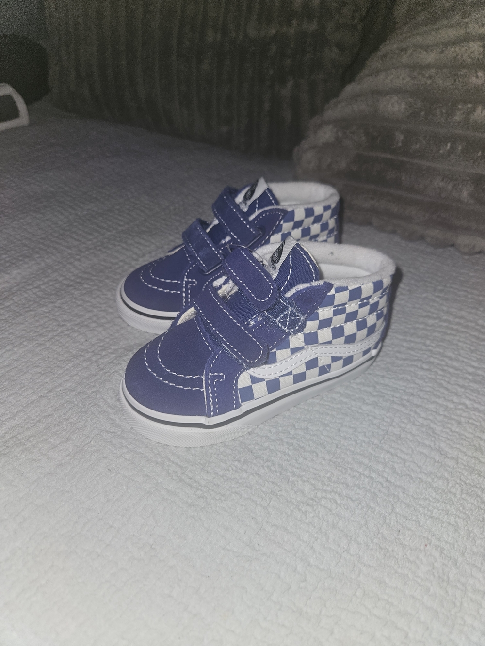 Kids Blue Checkered High-Top Vans Sneakers with Velcro Straps